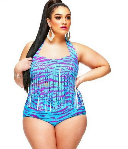 F4472-4 Halter Fringe Embellished Water Wave Print Swimsuit